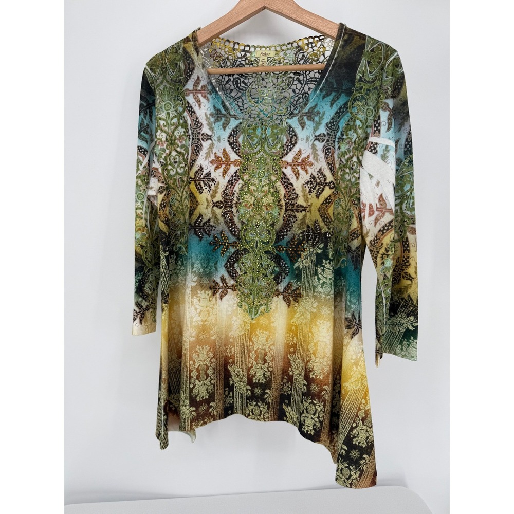 Reba‎ Tunic Top Women Medium Multicolor Crochet Lace Rhinestone Mom Top